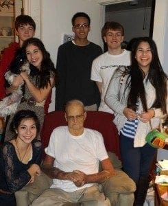 My dad with all the Grandkids. From left to right, Maddie (19 my oldest), Mikaela (15 my middle one) holding Allie the granddog, Mason (15), Lex (he has kind of adopted us as he is the boyfriend of Maddie), Matthew (19) and finally the youngest Gracie (12). 