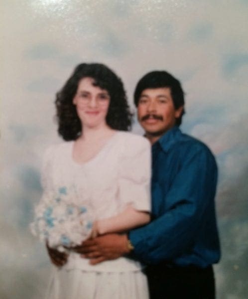 This picture was taken on our wedding day. Both of us had a lot more hair than we do now. Look how young we were!!!
