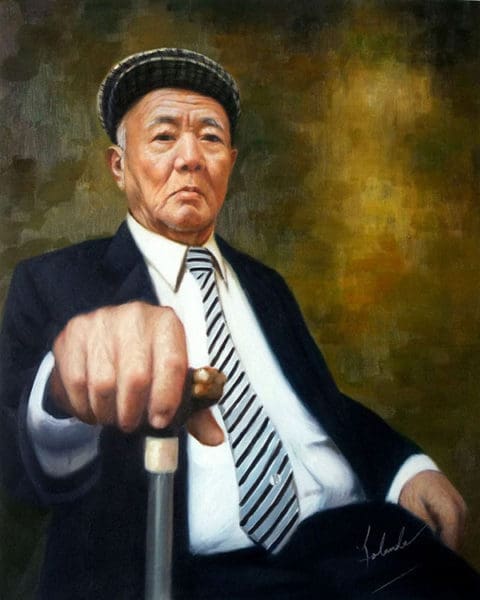 Professionally dressed man stylized in an employee appreciation portrait oil painting commanding a workplace presence.