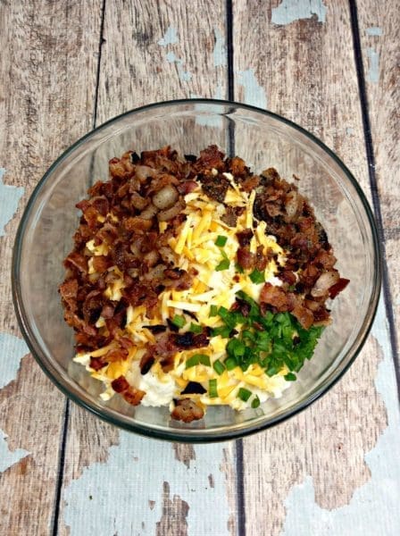 Bacon and cheese in bowl Mashed Potato Cakes