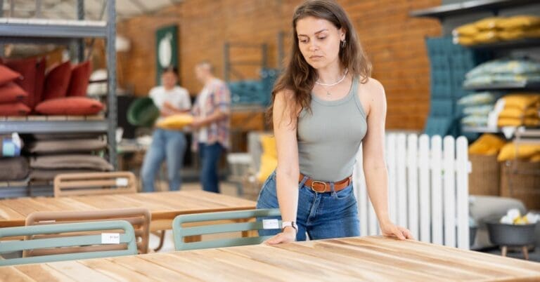 A woman with brown hair, a grey tank top, and jeans, examines a new patio dining table set in a store.